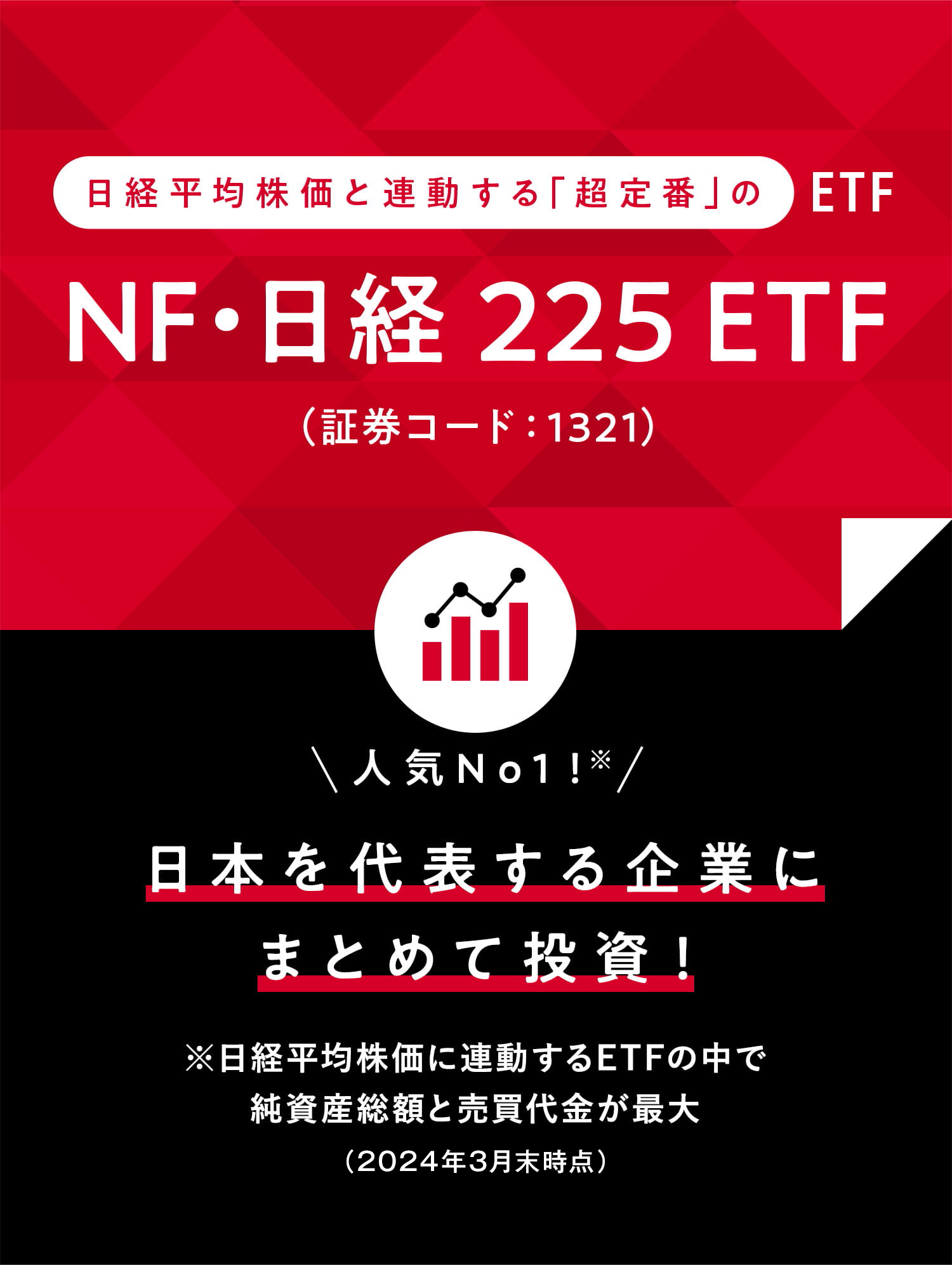 日経平均株価と連動する「超定番」のETF NF・日経 225 ETF (証券コード：1321) 人気No1！ 日本を代表する企業にまとめて投資！※日経平均株価に連動するETFの中で純資産総額と売買代金が最大（2024年3月末時点）