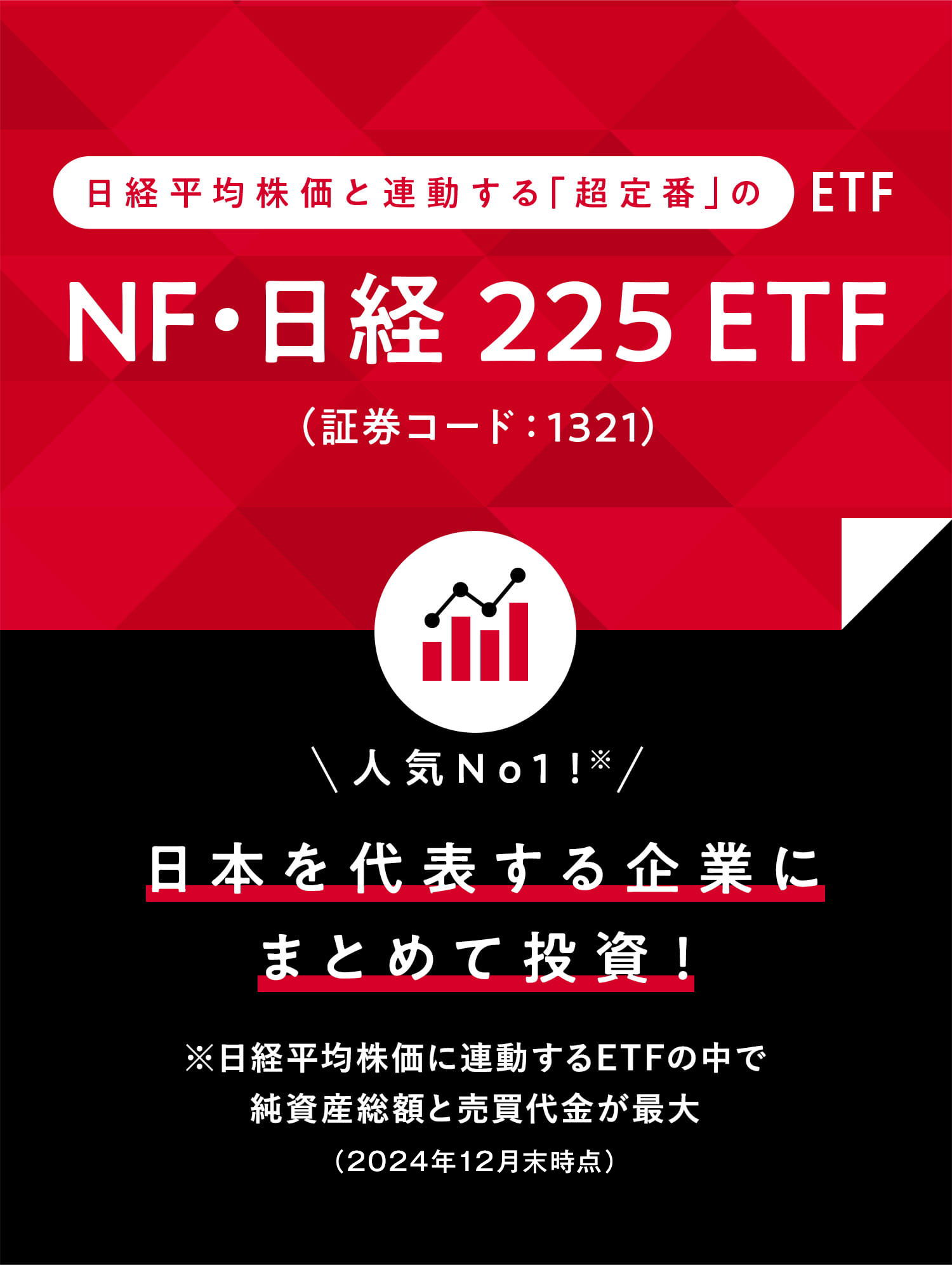 日経平均株価と連動する「超定番」のETF NF・日経 225 ETF (証券コード：1321) 人気No1！ 日本を代表する企業にまとめて投資！※日経平均株価に連動するETFの中で純資産総額と売買代金が最大（2024年12月末時点）